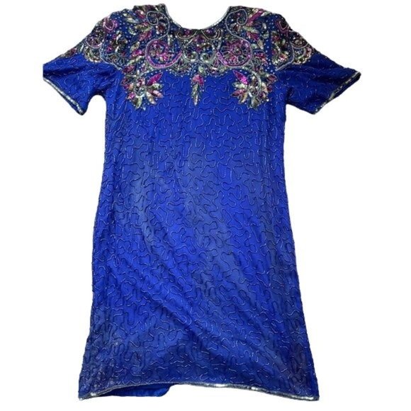 Laurence Kazar Dresses & Skirts - Vintage Laurence Kazar Silk Dress Blue Evening Beaded Size 2XL DAMAGED
